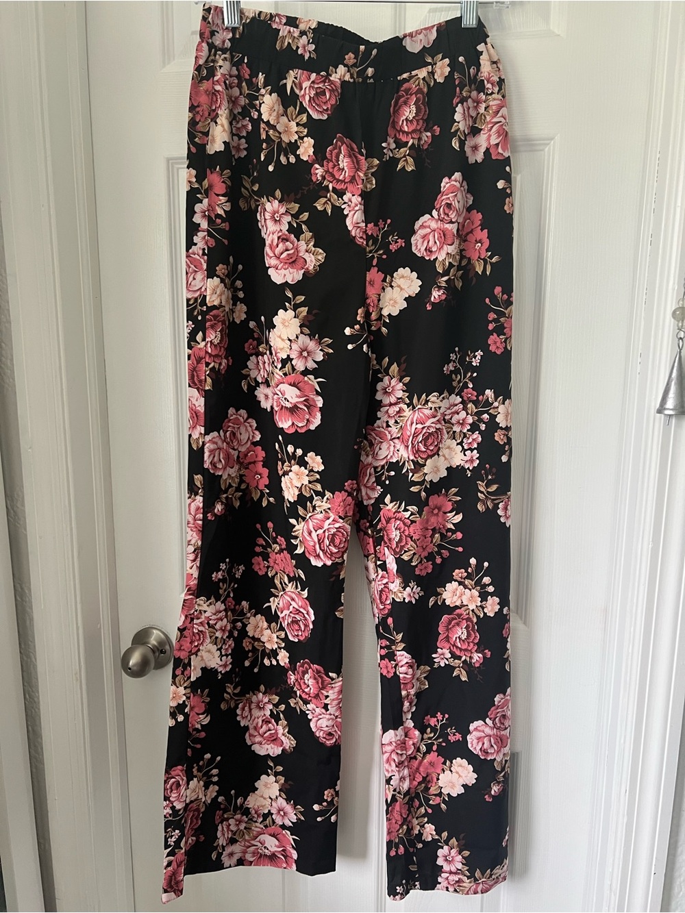 SHEIN Black Wide-Leg Pants with Pink Rose Floral Print
